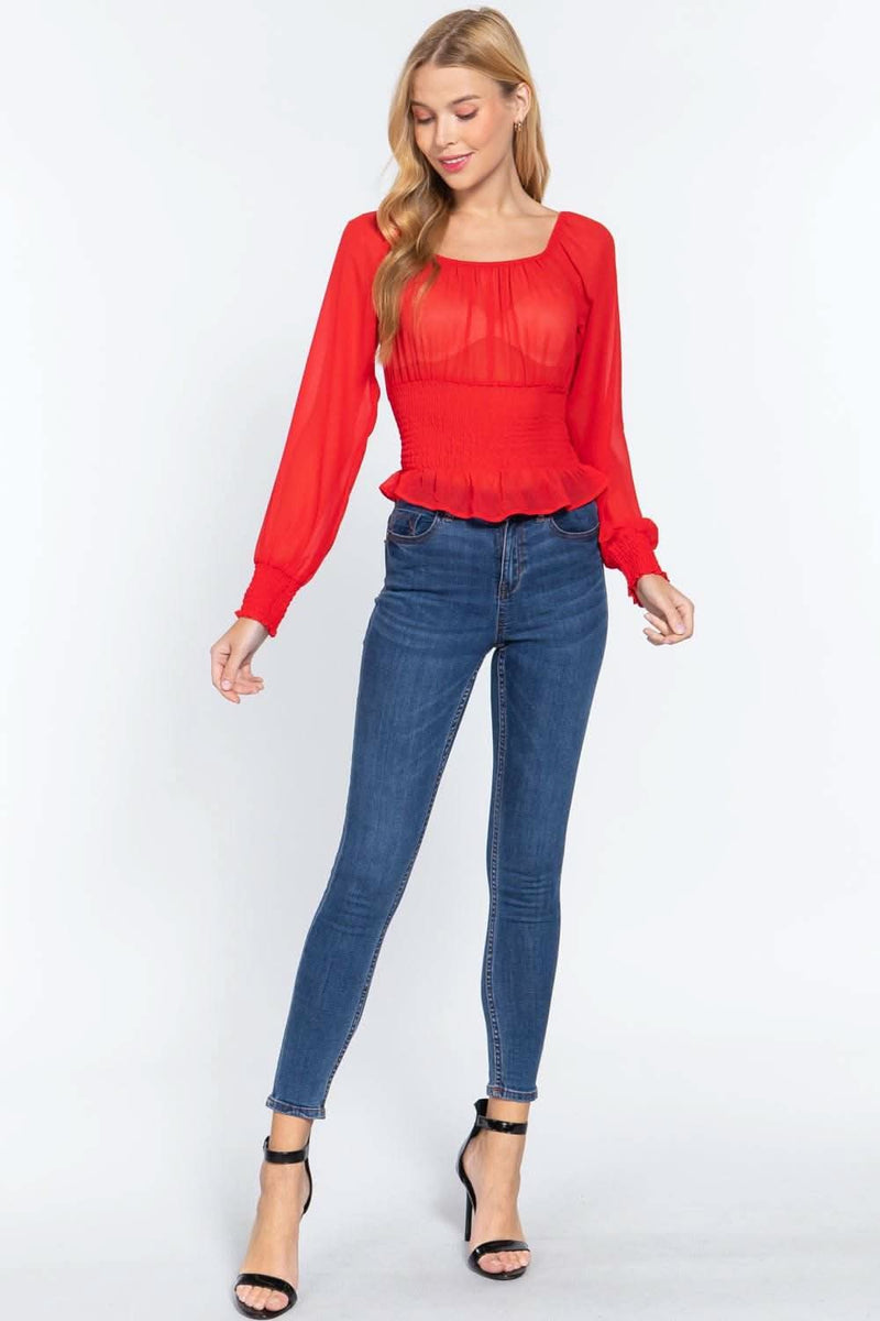 Long Slv Smocked Chiffon Top - Fit Me For 20