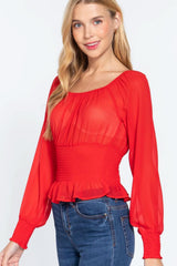 Long Slv Smocked Chiffon Top - Fit Me For 20