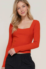 Long slv sweetheart neck seam detail knit top - Fit Me For 20