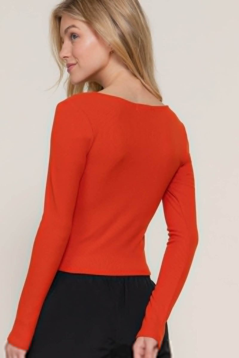 Long slv sweetheart neck seam detail knit top - Fit Me For 20