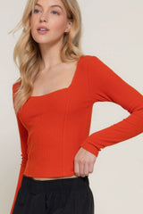 Long slv sweetheart neck seam detail knit top - Fit Me For 20