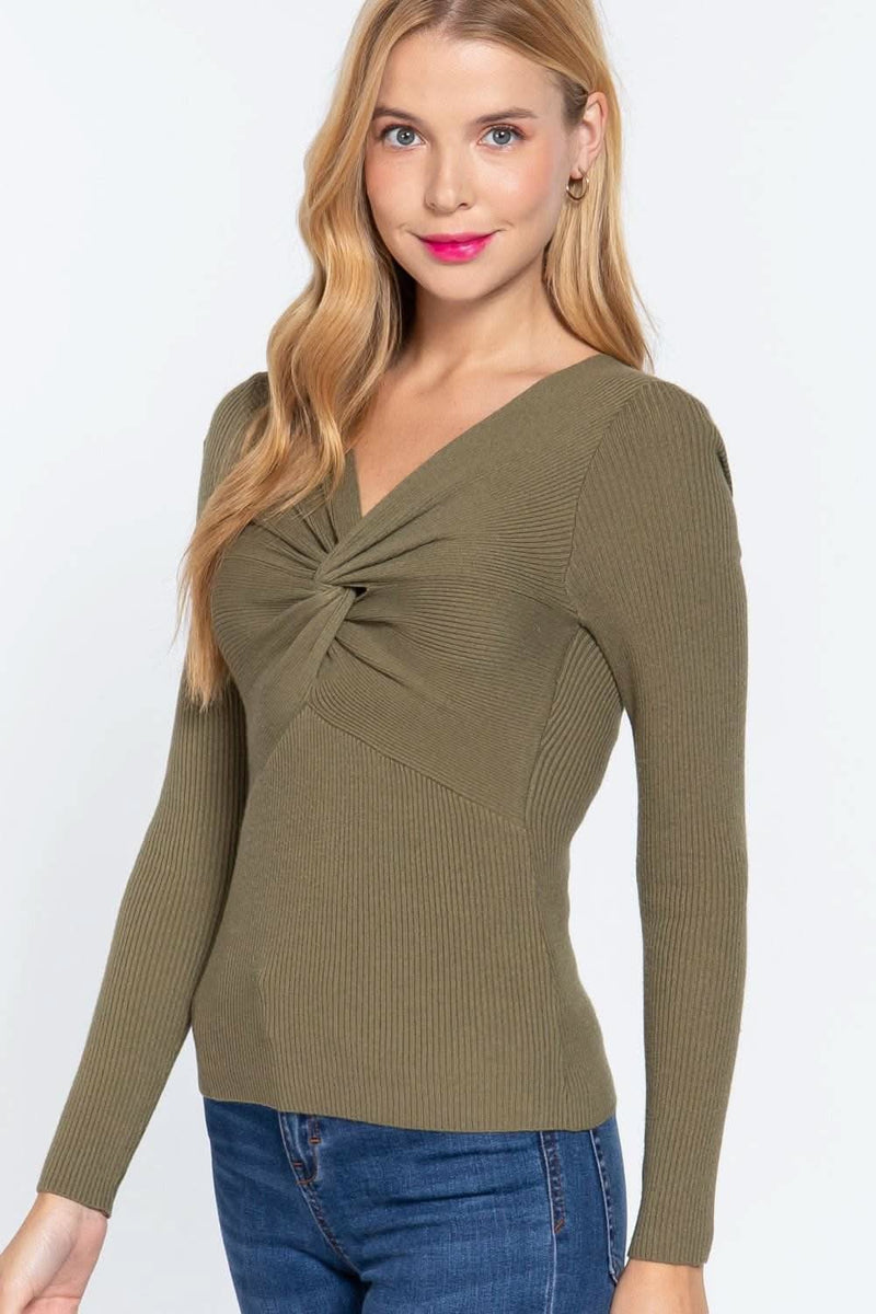 Long Slv V-neck Knotted Sweater - Fit Me For 20