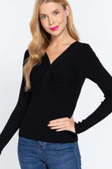 Long Slv V-neck Knotted Sweater - Fit Me For 20