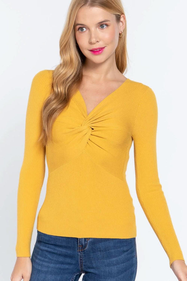 Long Slv V-neck Knotted Sweater - Fit Me For 20