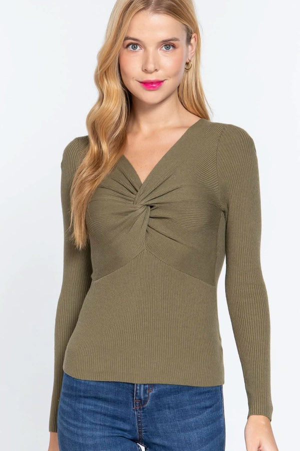 Long Slv V-neck Knotted Sweater - Fit Me For 20