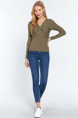 Long Slv V-neck Knotted Sweater - Fit Me For 20