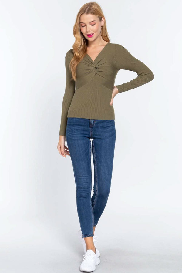 Long Slv V-neck Knotted Sweater - Fit Me For 20