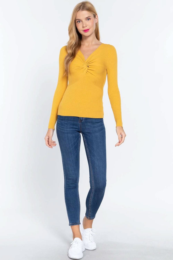 Long Slv V-neck Knotted Sweater - Fit Me For 20