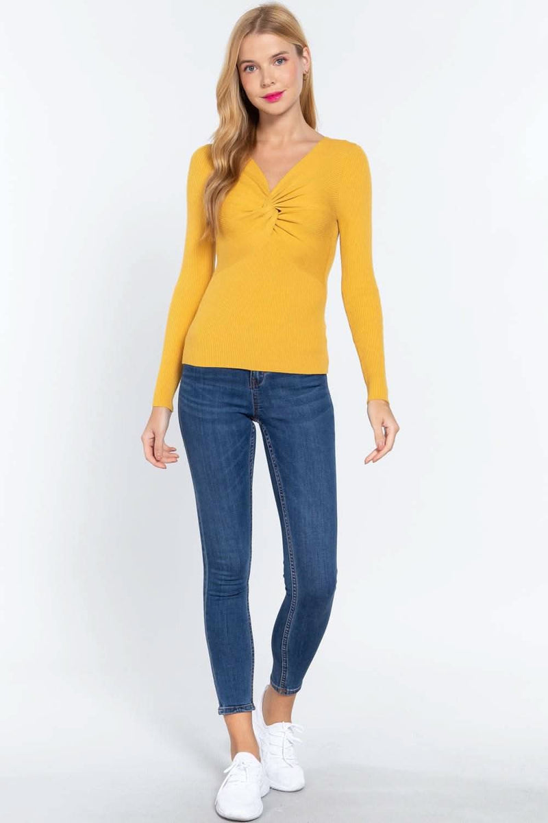 Long Slv V-neck Knotted Sweater - Fit Me For 20