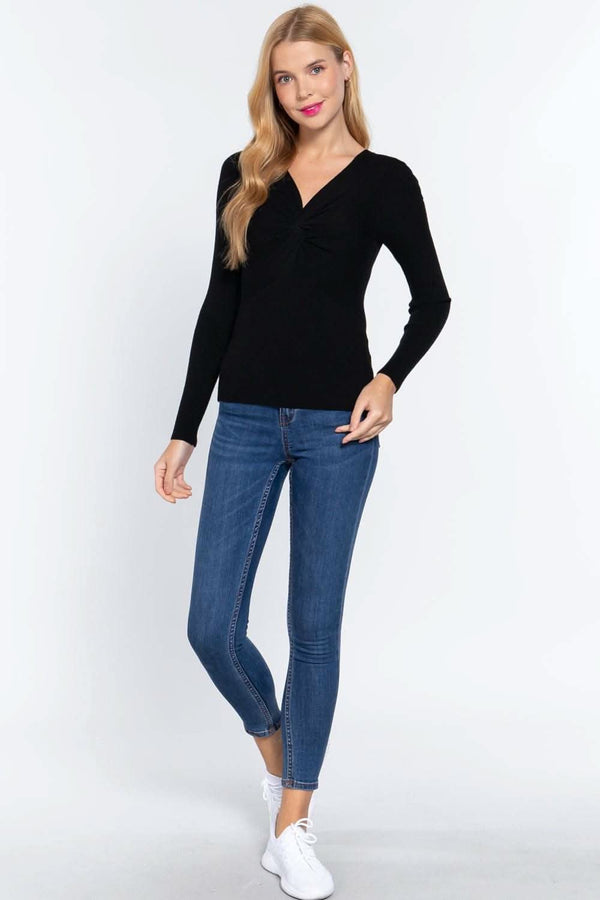Long Slv V-neck Knotted Sweater - Fit Me For 20
