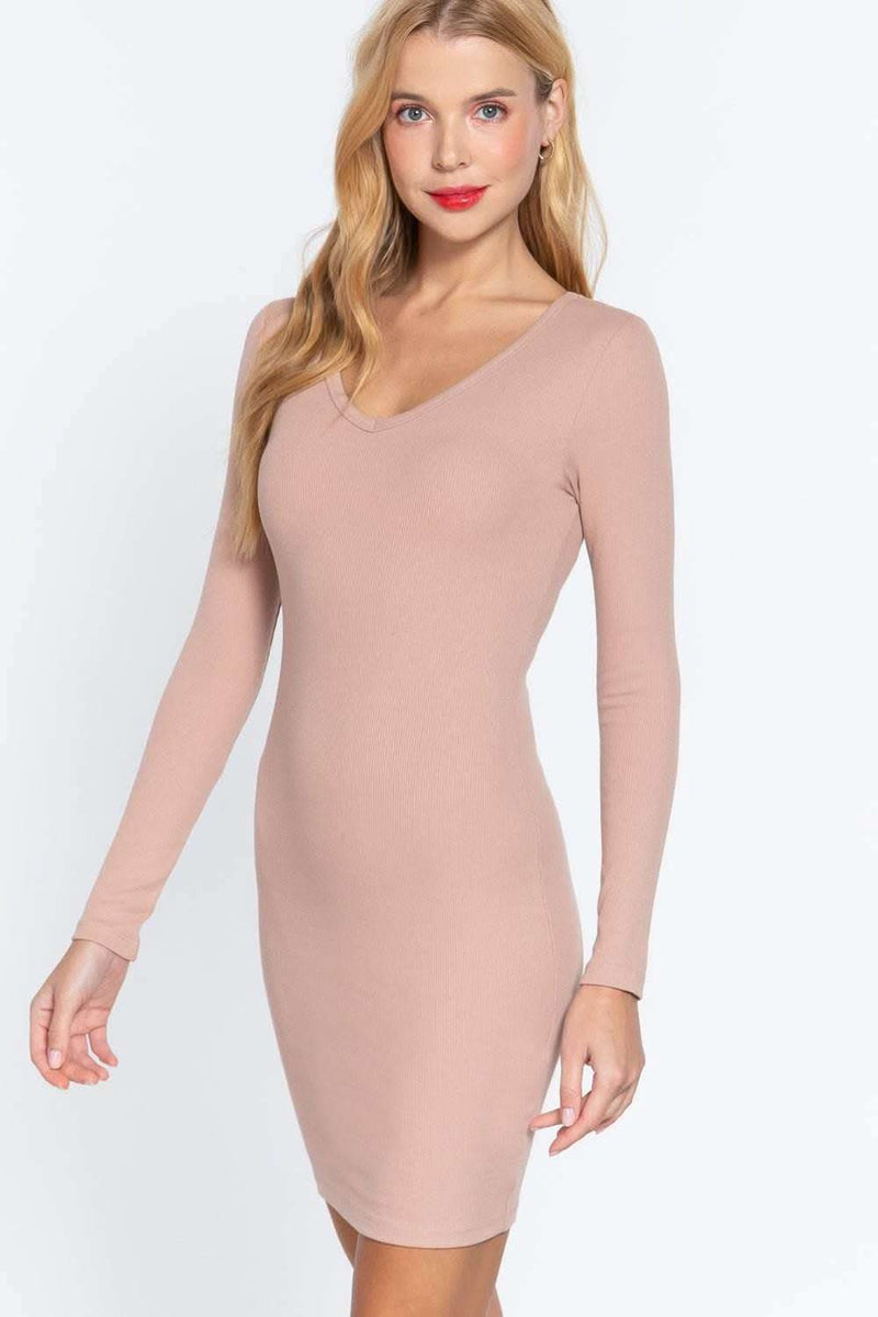 Long Slv V-neck Mini Rib Dress - Fit Me For 20