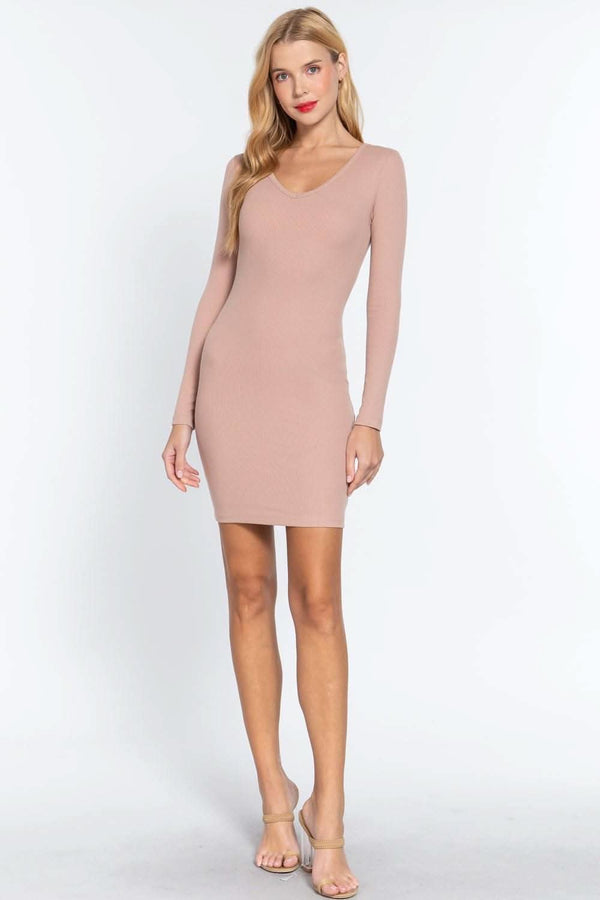 Long Slv V-neck Mini Rib Dress - Fit Me For 20