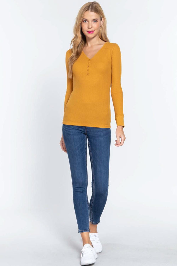 Long Slv V-neck Placket Thermal Top - Fit Me For 20