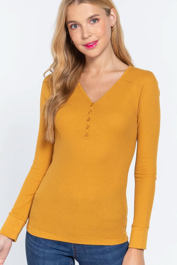 Long Slv V-neck Placket Thermal Top - Fit Me For 20
