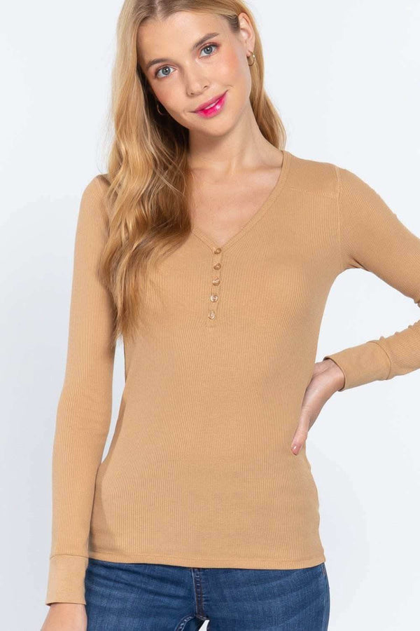 Long Slv V-neck Placket Thermal Top - Fit Me For 20