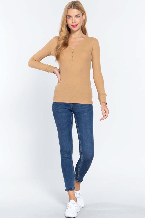 Long Slv V-neck Placket Thermal Top - Fit Me For 20