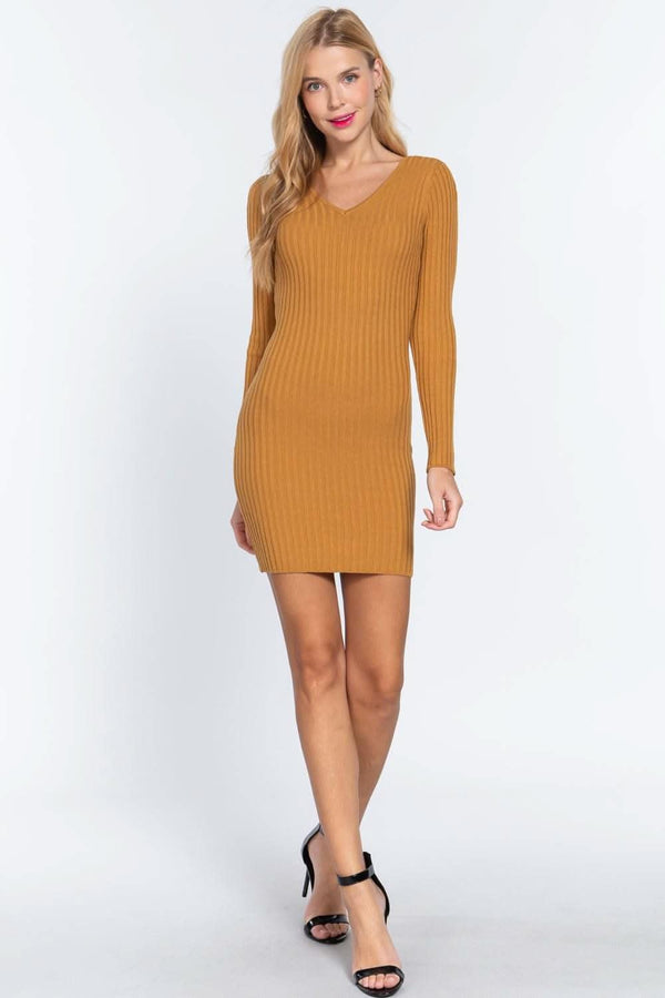Long Slv V-neck Sweater Mini Dress - Fit Me For 20