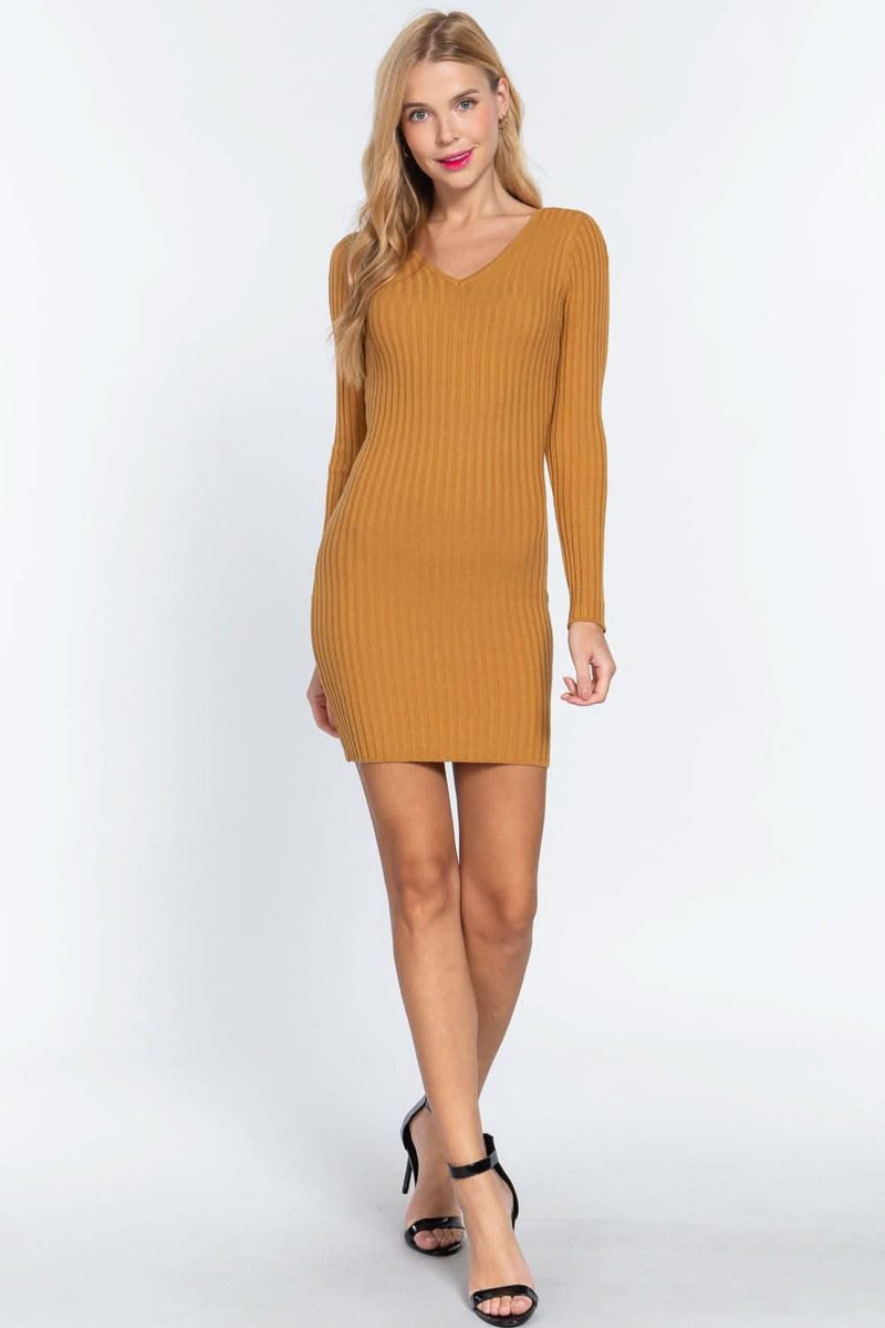 Long Slv V-neck Sweater Mini Dress - Fit Me For 20