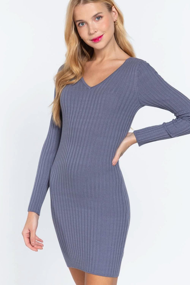 Long Slv V-neck Sweater Mini Dress - Fit Me For 20