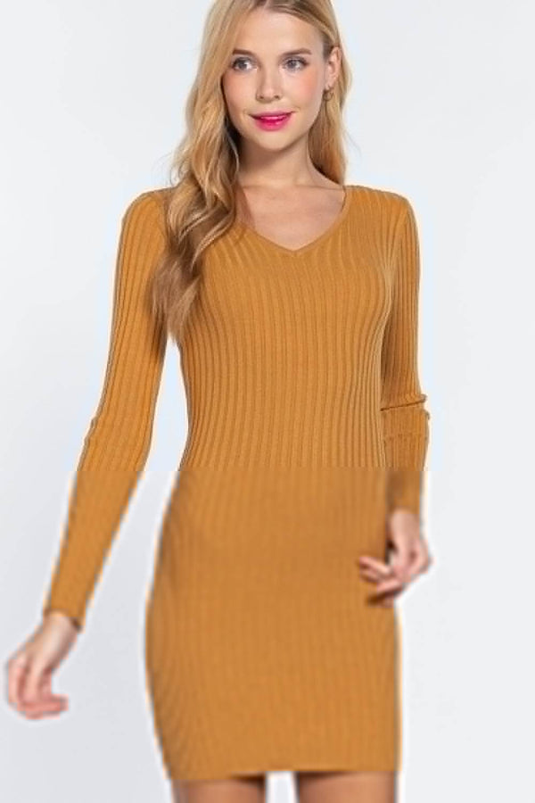 Long Slv V-neck Sweater Mini Dress - Fit Me For 20