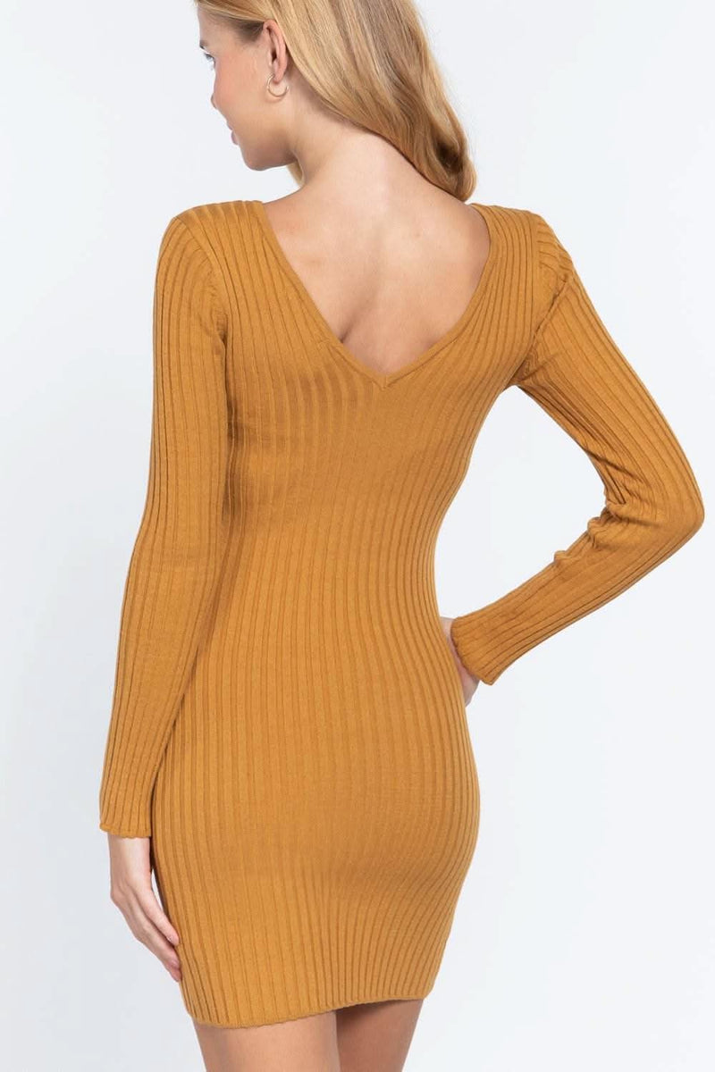 Long Slv V-neck Sweater Mini Dress - Fit Me For 20