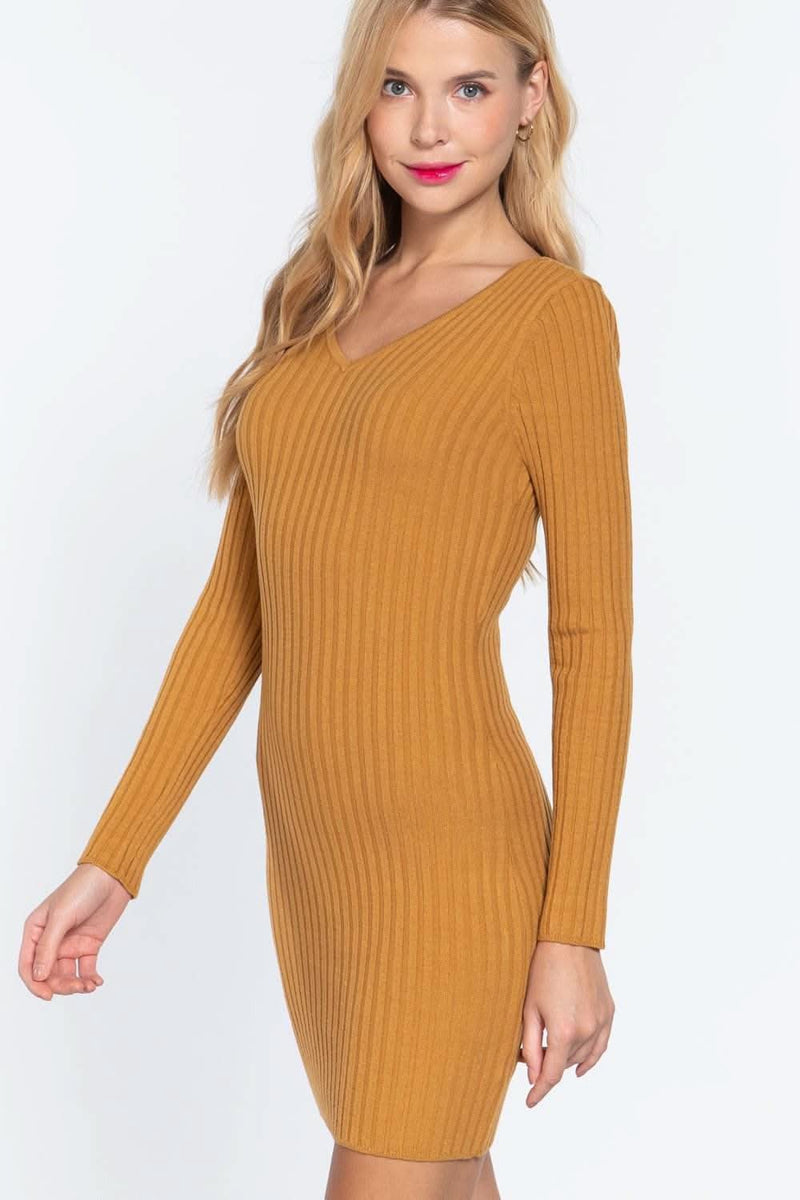 Long Slv V-neck Sweater Mini Dress - Fit Me For 20