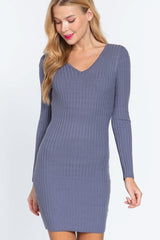 Long Slv V-neck Sweater Mini Dress - Fit Me For 20