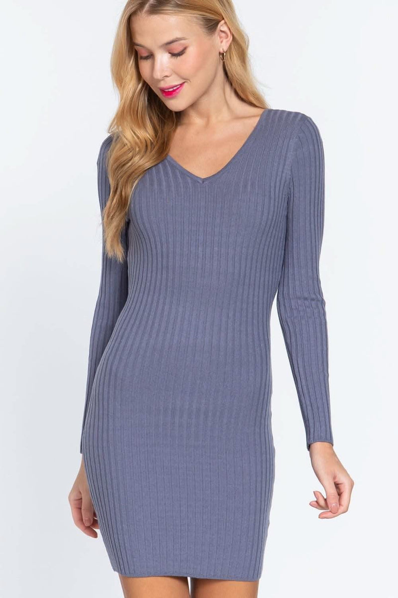 Long Slv V-neck Sweater Mini Dress - Fit Me For 20