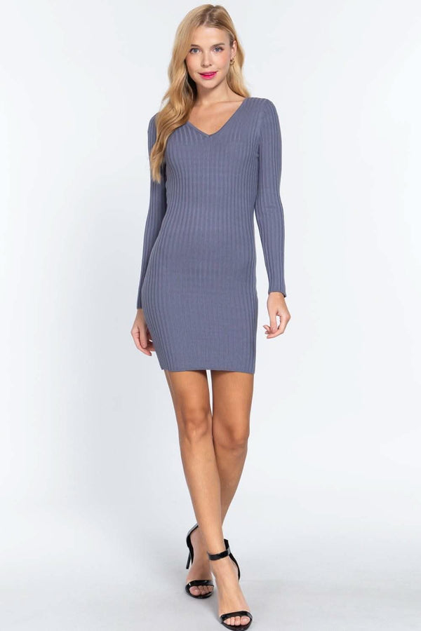 Long Slv V-neck Sweater Mini Dress - Fit Me For 20