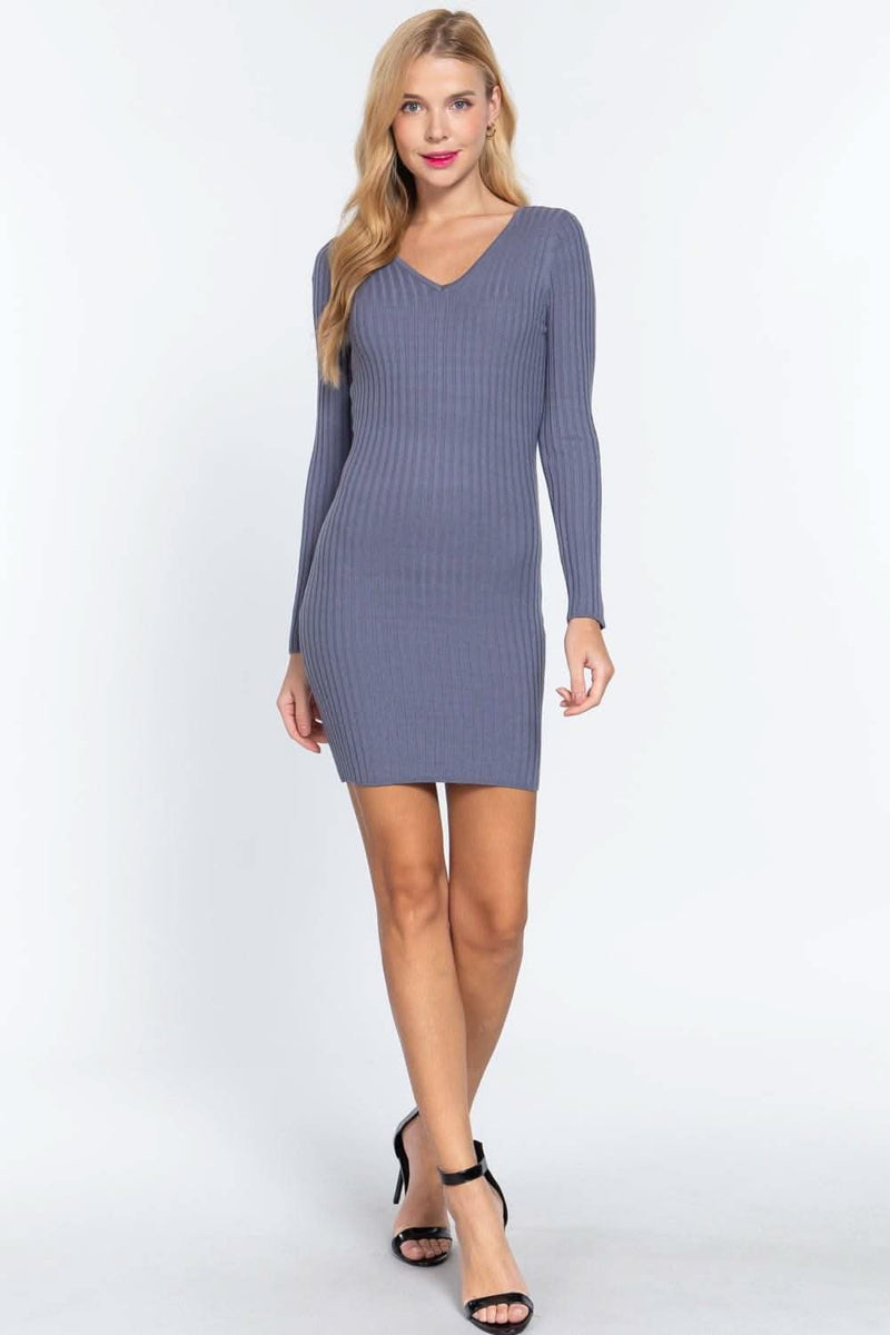 Long Slv V-neck Sweater Mini Dress - Fit Me For 20