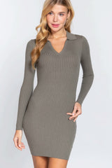 Long Slv V-neck Sweater Rib Mini Dress - Fit Me For 20