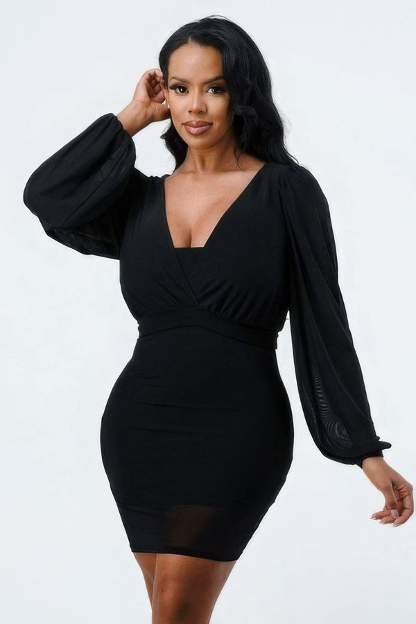 Lux Mesh Layered Lining V Neck Bubble Slv Bodycon Dress - Fit Me For 20