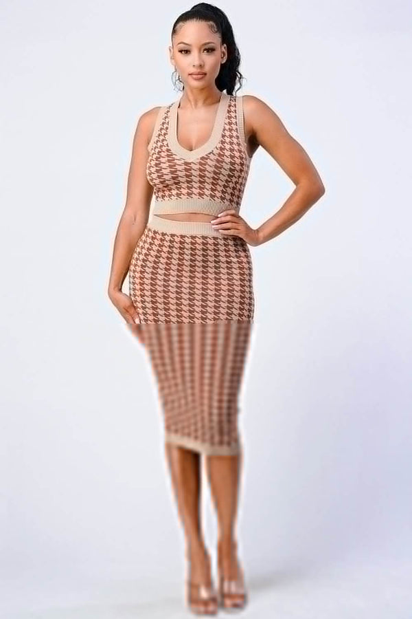 Luxe Gingham Rib Knit Top And Skirt Sets - Fit Me For 20
