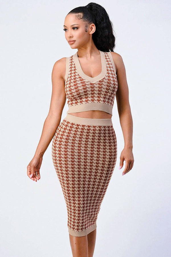 Luxe Gingham Rib Knit Top And Skirt Sets - Fit Me For 20