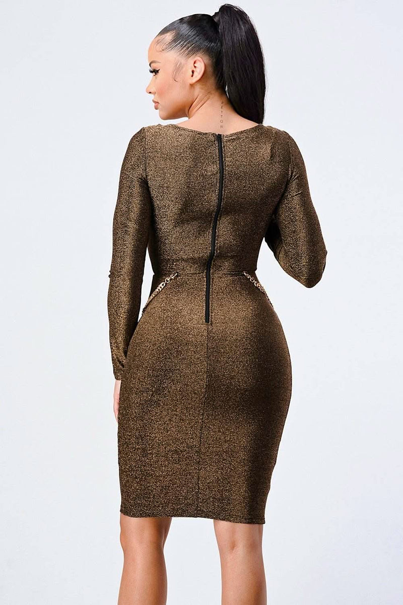 Luxe Waist Gold Chain Cut-out Detail Square Neck Glitter Bodycon Dress - Fit Me For 20