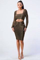 Luxe Waist Gold Chain Cut-out Detail Square Neck Glitter Bodycon Dress - Fit Me For 20