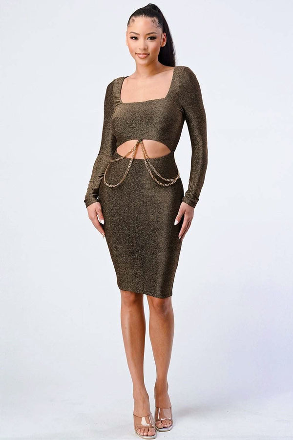 Luxe Waist Gold Chain Cut-out Detail Square Neck Glitter Bodycon Dress - Fit Me For 20