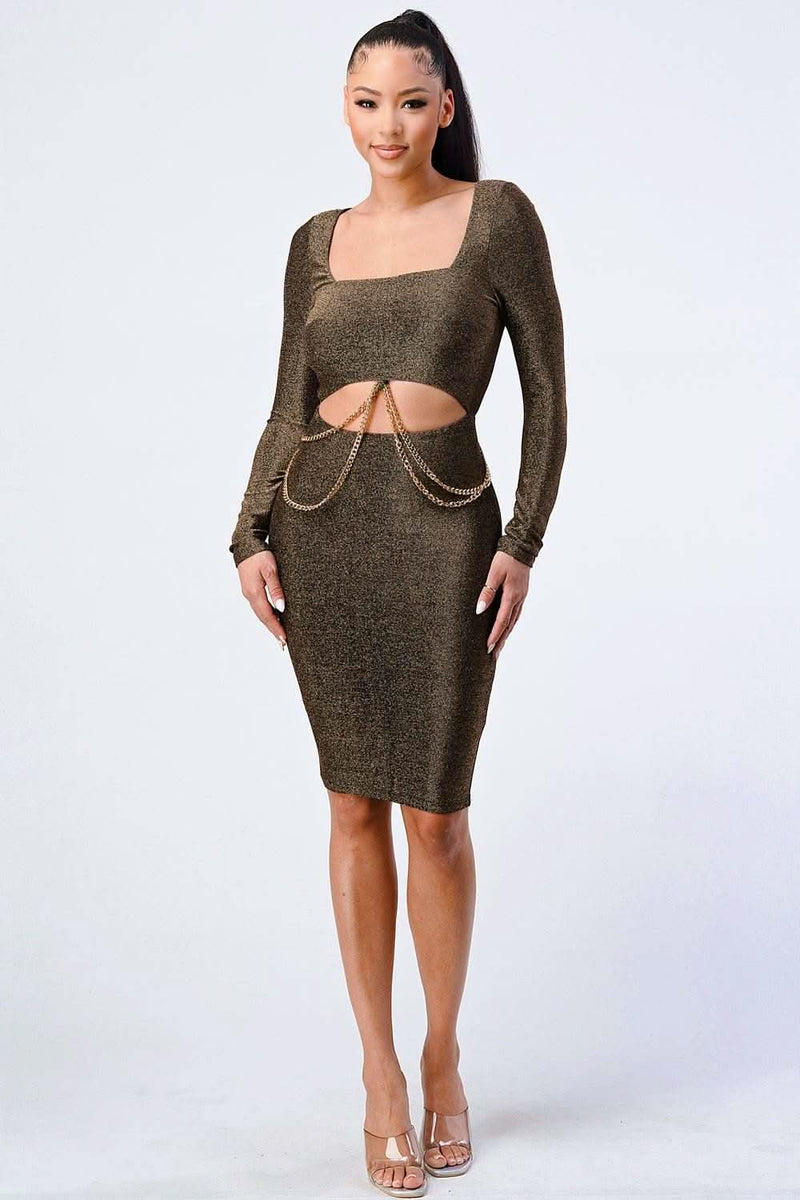 Luxe Waist Gold Chain Cut-out Detail Square Neck Glitter Bodycon Dress - Fit Me For 20