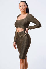 Luxe Waist Gold Chain Cut-out Detail Square Neck Glitter Bodycon Dress - Fit Me For 20