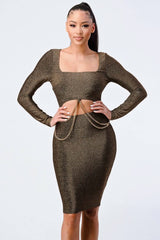 Luxe Waist Gold Chain Cut-out Detail Square Neck Glitter Bodycon Dress - Fit Me For 20