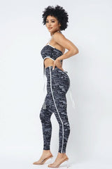 Mesh Print Crop Top With Plastic Chain Halter Neck With Matching Leggings - Fit Me For 20