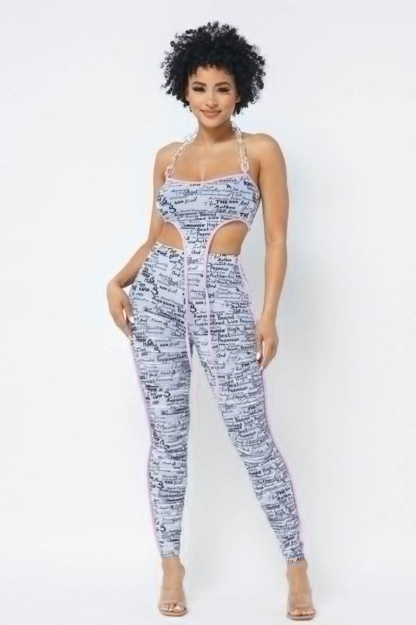 Mesh Print Crop Top With Plastic Chain Halter Neck With Matching Leggings - Fit Me For 20