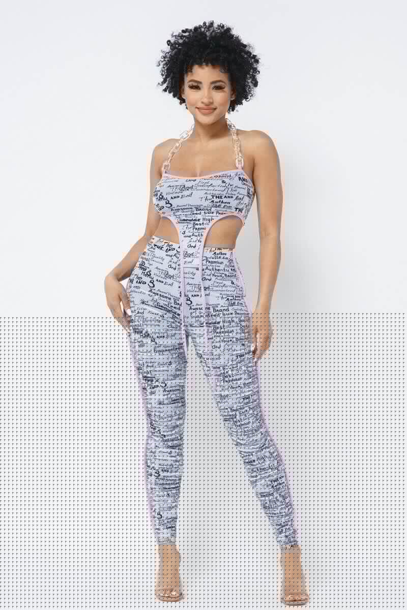 Mesh Print Crop Top With Plastic Chain Halter Neck With Matching Leggings - Fit Me For 20