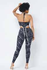 Mesh Print Crop Top With Plastic Chain Halter Neck With Matching Leggings - Fit Me For 20
