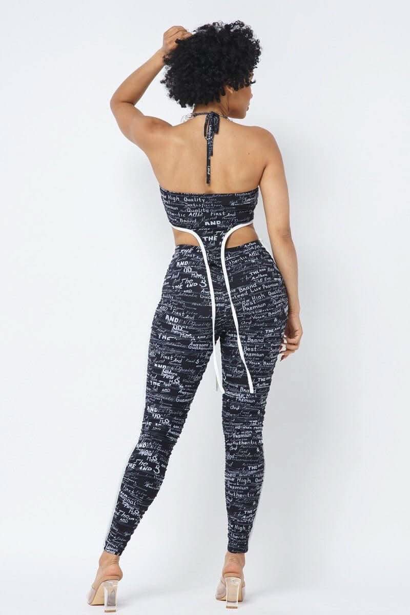 Mesh Print Crop Top With Plastic Chain Halter Neck With Matching Leggings - Fit Me For 20