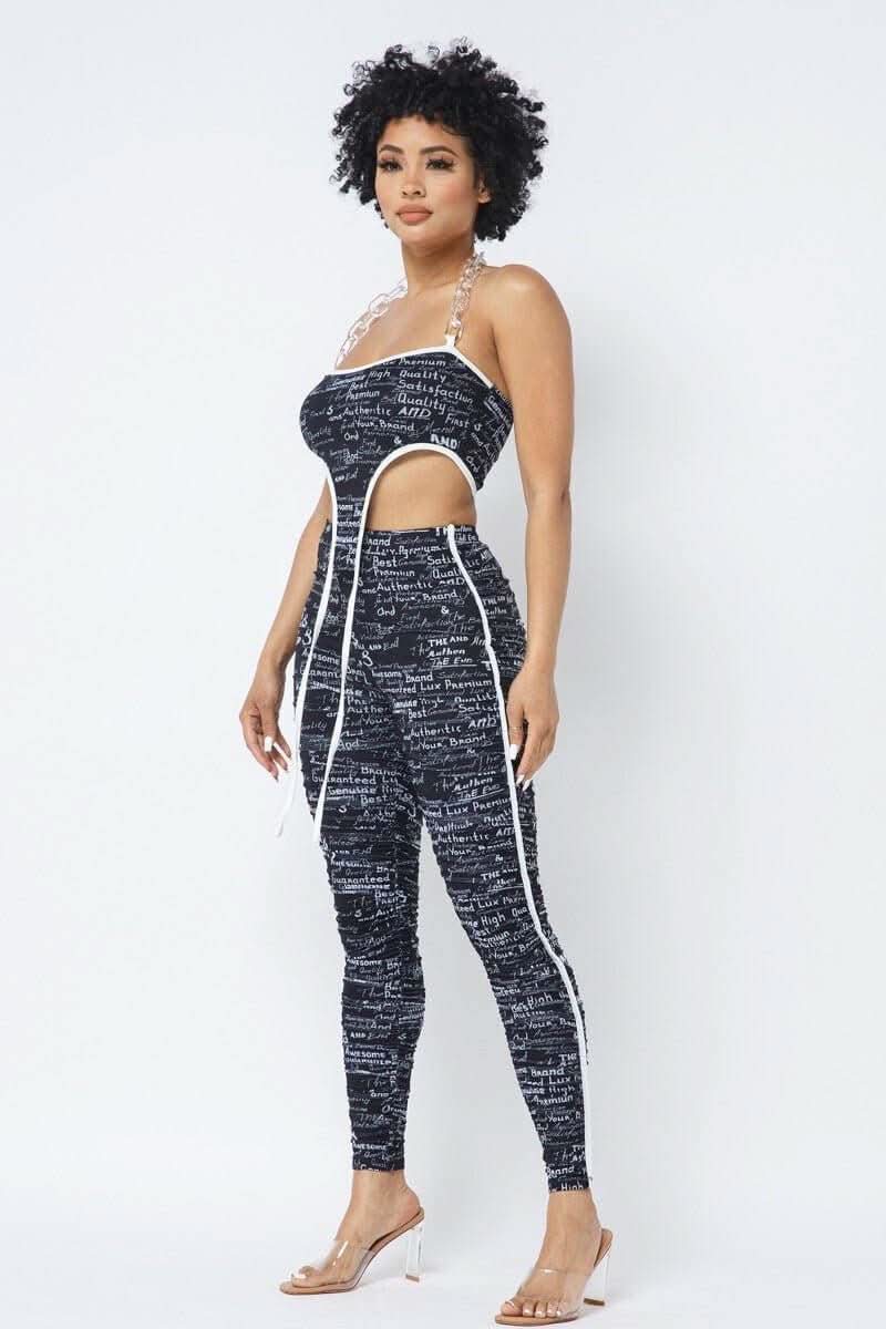 Mesh Print Crop Top With Plastic Chain Halter Neck With Matching Leggings - Fit Me For 20