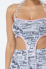 Mesh Print Crop Top With Plastic Chain Halter Neck With Matching Leggings - Fit Me For 20