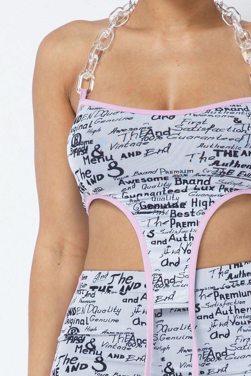 Mesh Print Crop Top With Plastic Chain Halter Neck With Matching Leggings - Fit Me For 20