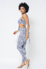 Mesh Print Crop Top With Plastic Chain Halter Neck With Matching Leggings - Fit Me For 20
