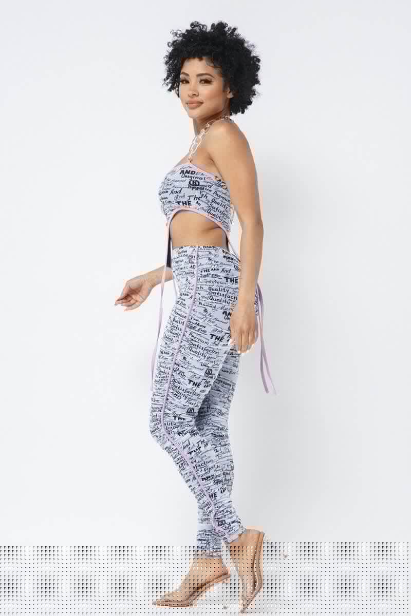 Mesh Print Crop Top With Plastic Chain Halter Neck With Matching Leggings - Fit Me For 20